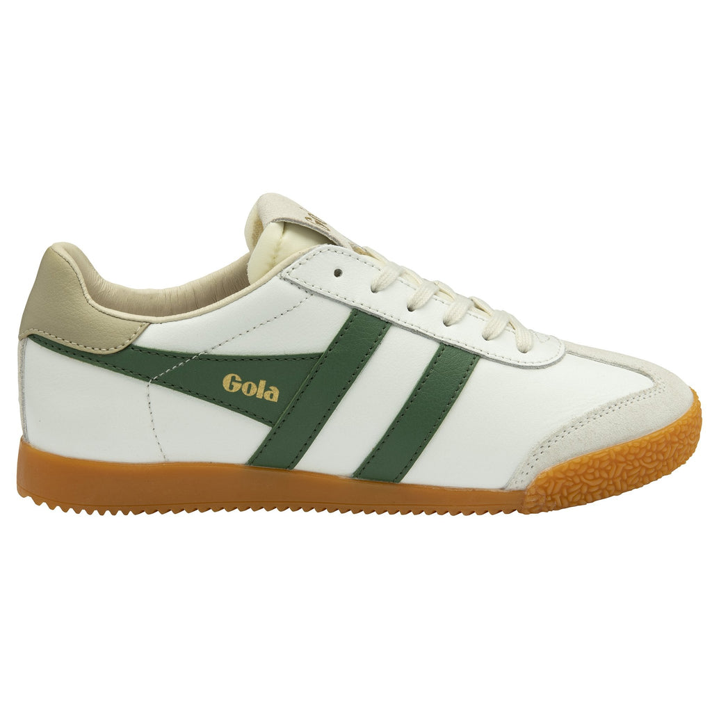 Side profile of a white Gola sneaker with green stripes and a tan sole.