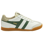 Side profile of a white Gola sneaker with green stripes and a tan sole.