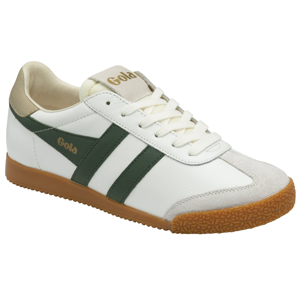 Front side profile of a white Gola sneaker with green stripes and a tan sole.