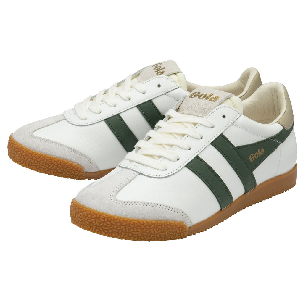 Pair of white Gola sneakers with green stripes and tan soles, angled slightly.