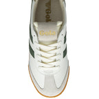 Top down view of a white Gola sneaker with green stripes and a tan sole.