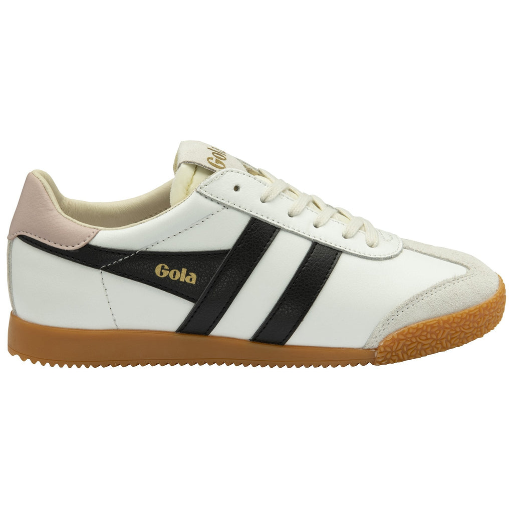 A right white Gola sneaker with black stripes and a gum sole, viewed from the side.