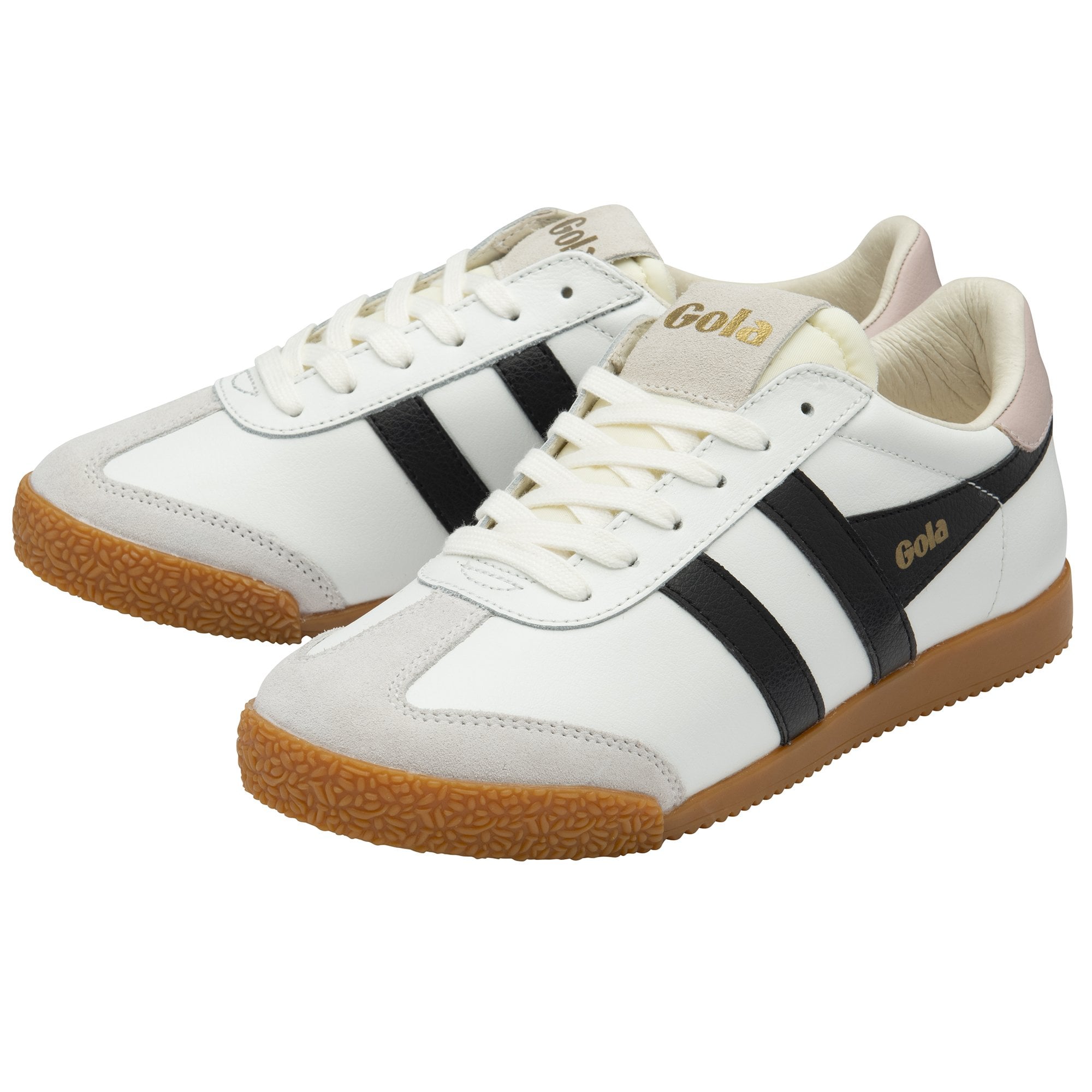A pair of white Gola sneakers with black stripes and gum soles, angled for display.