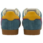 Rear view of a pair of Gola men's Trainers in blue with yellow heel details.