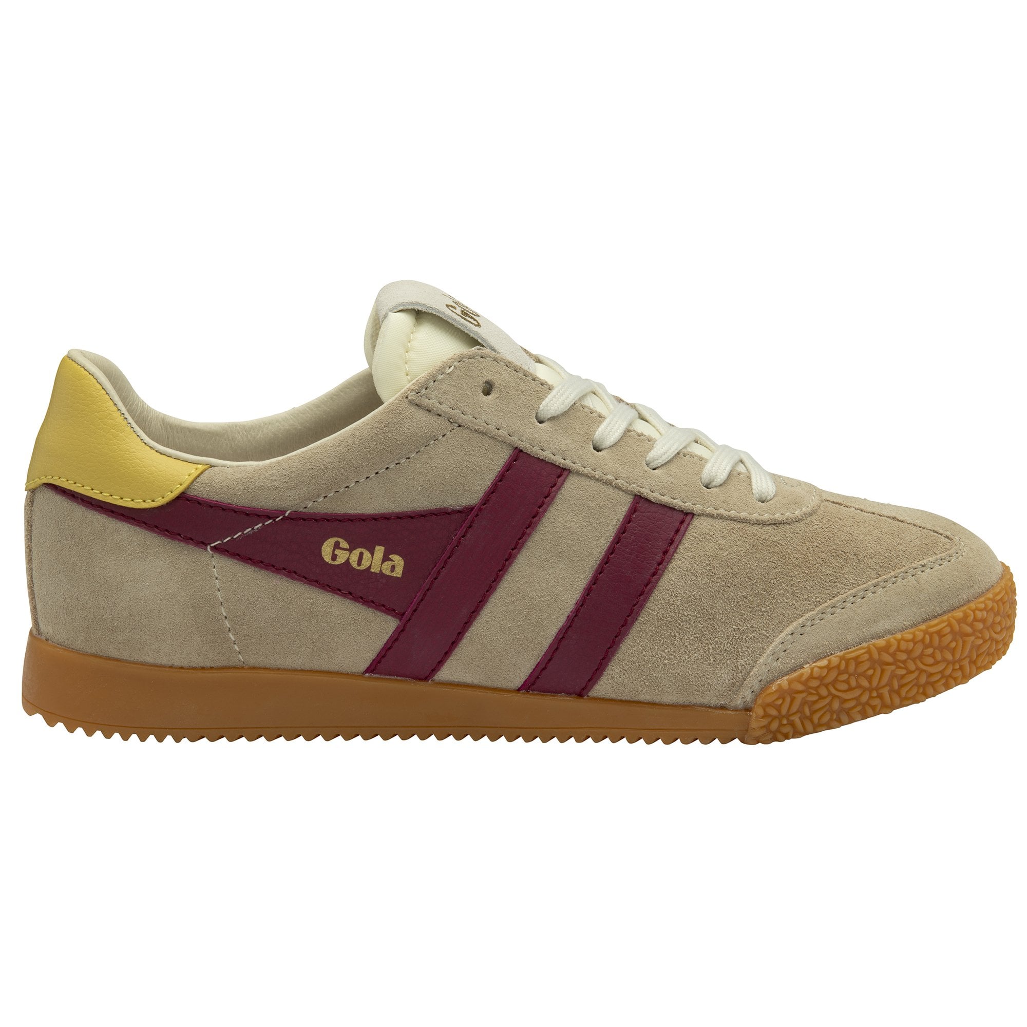 Side profile of a Gola shoe with a beige upper, maroon stripes, and a gold heel tab.