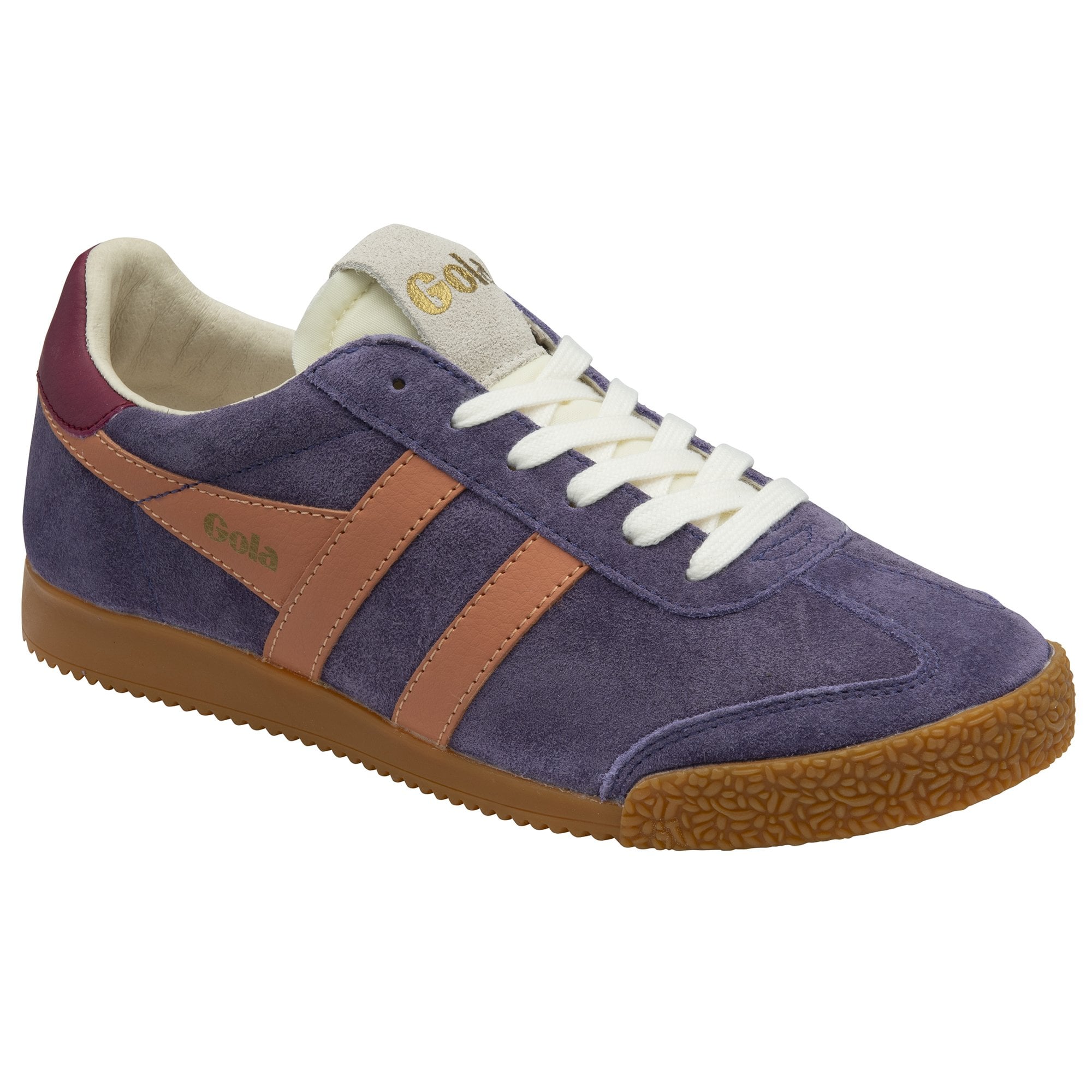 Purple Gola sneakers with tan stripes and a gum sole.
