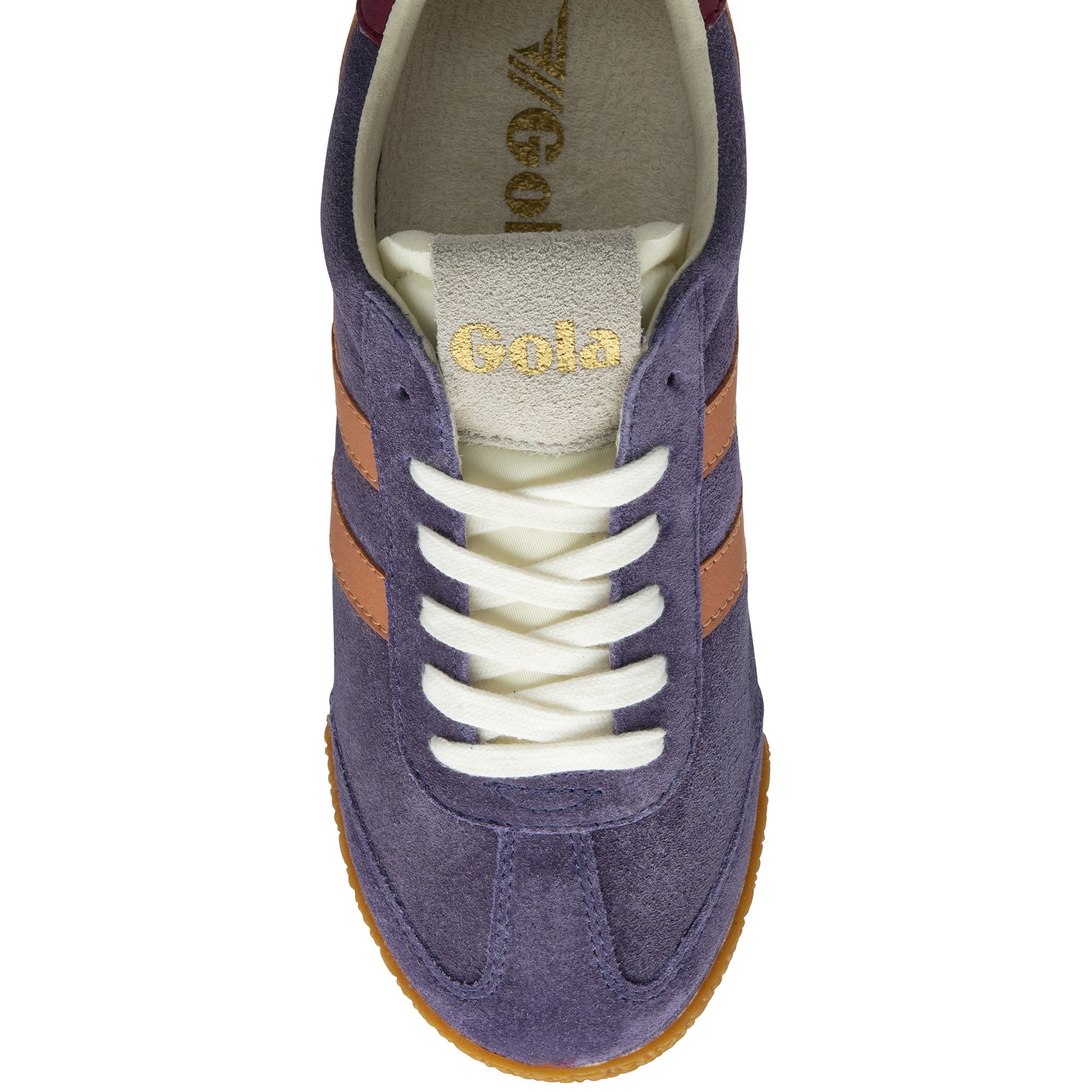 Top-down view of a purple Gola sneaker with tan stripes and white laces.