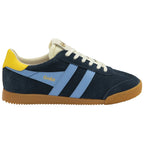 A single Gola Trainer in navy blue, light blue, yellow, and brown, shown from the side.