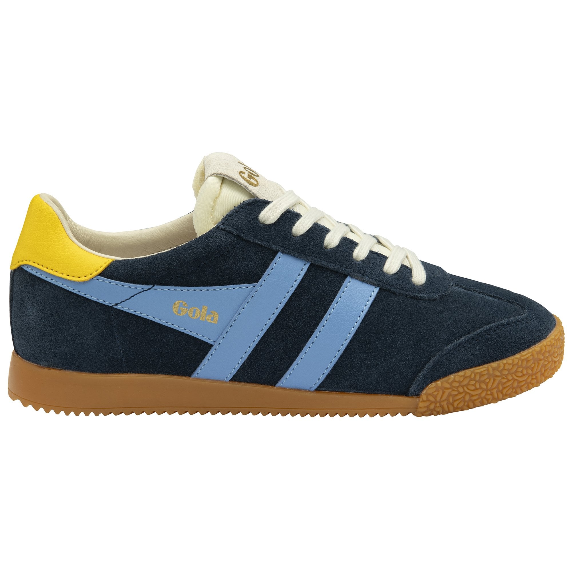 A single Gola Trainer in navy blue, light blue, yellow, and brown, shown from the side.
