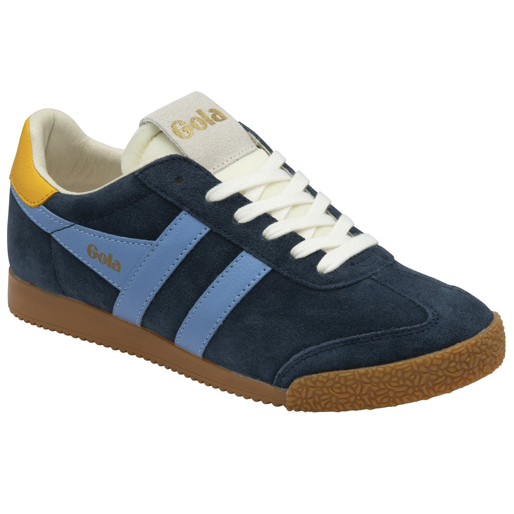 A single Gola Trainer in navy blue, light blue, yellow, and brown, shown from an angle.