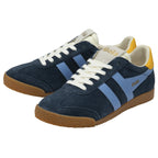 A pair of Gola Trainers in navy blue, light blue, yellow, and brown, shown from an angle.