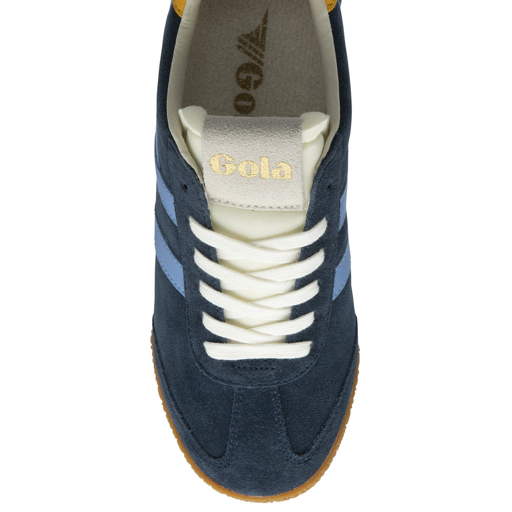 The top-down view of a single Gola Trainer in navy blue, light blue, yellow, and brown.