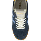 The top-down view of a single Gola Trainer in navy blue, light blue, yellow, and brown.
