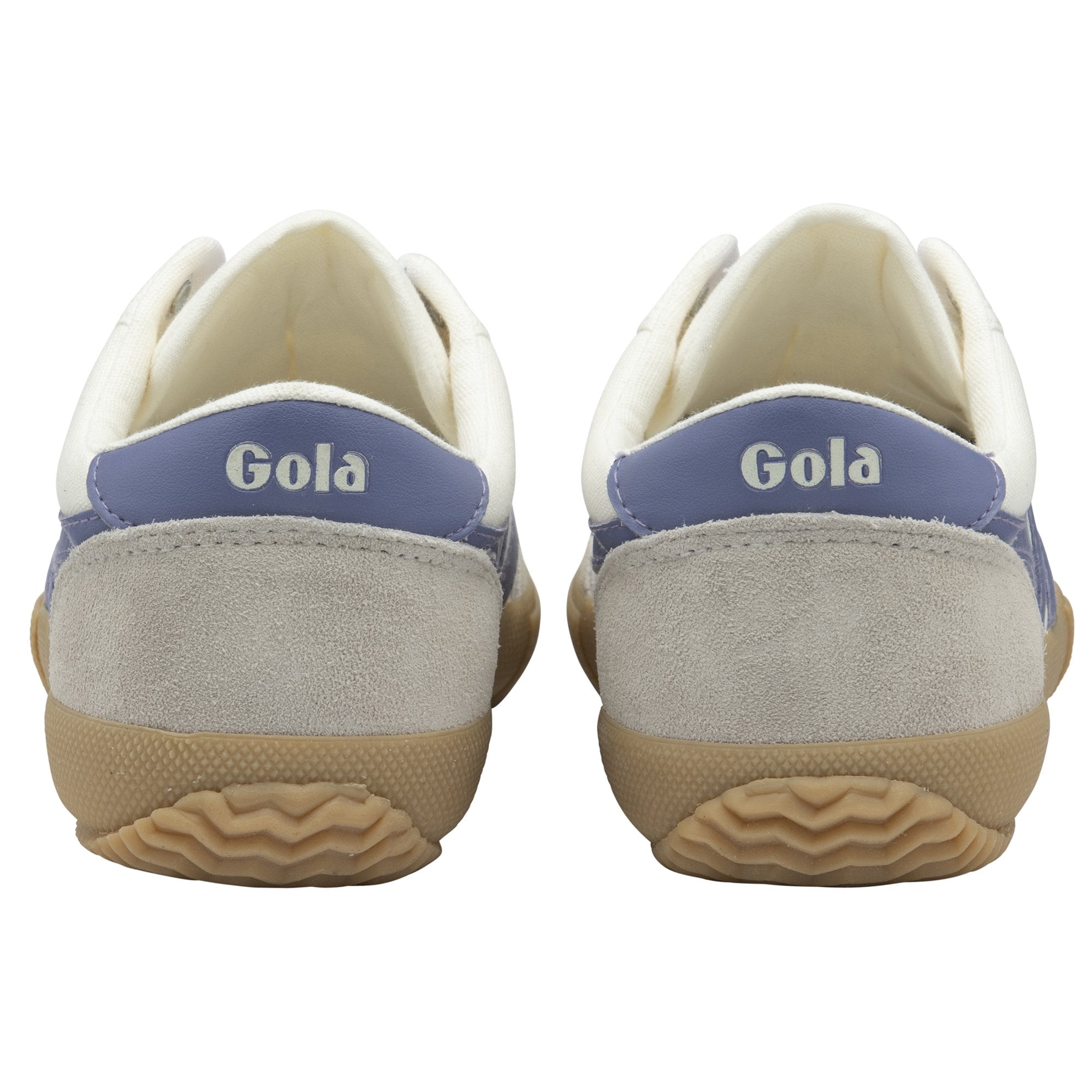The back view of a pair of Gola low-top sneakers, showing the heels and soles.