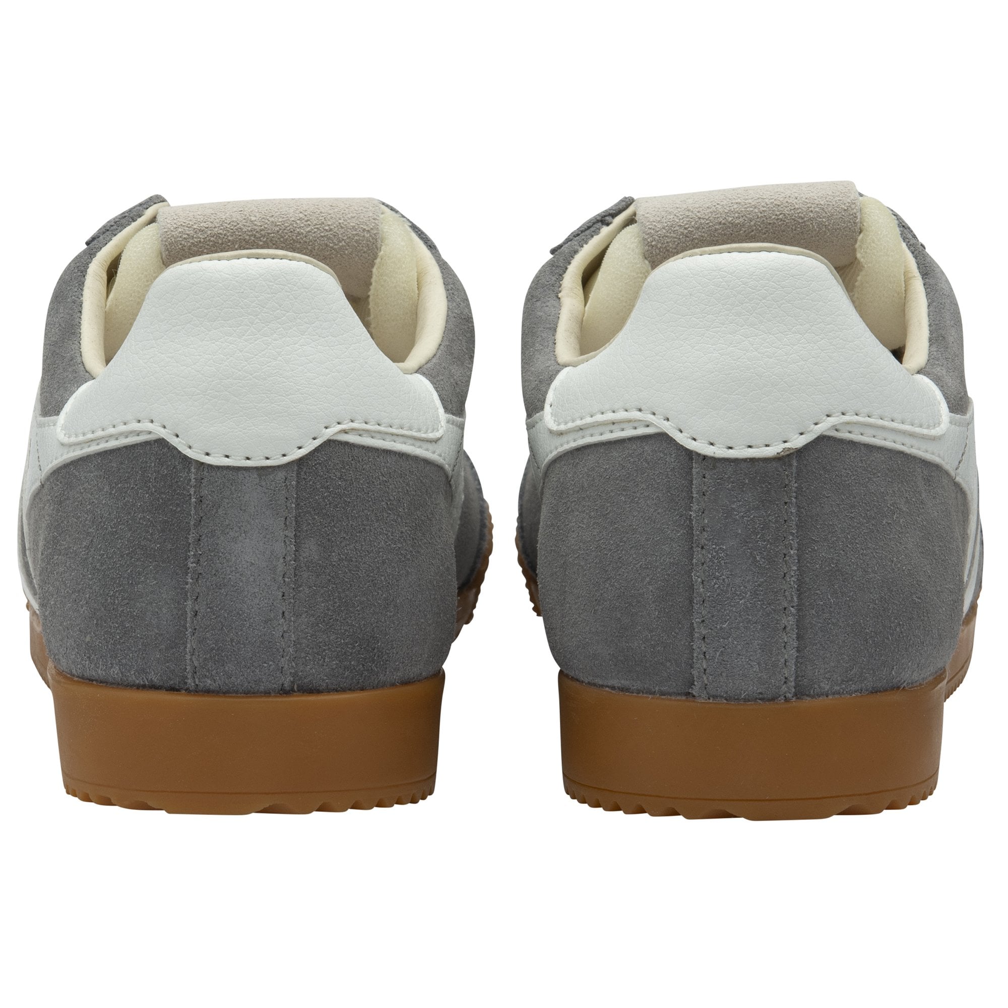 The backs of two gray Gola sneakers with white heel accents and gum soles.