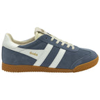 Side profile of a single Gola men's shoe in blue with white stripes and a gum sole.