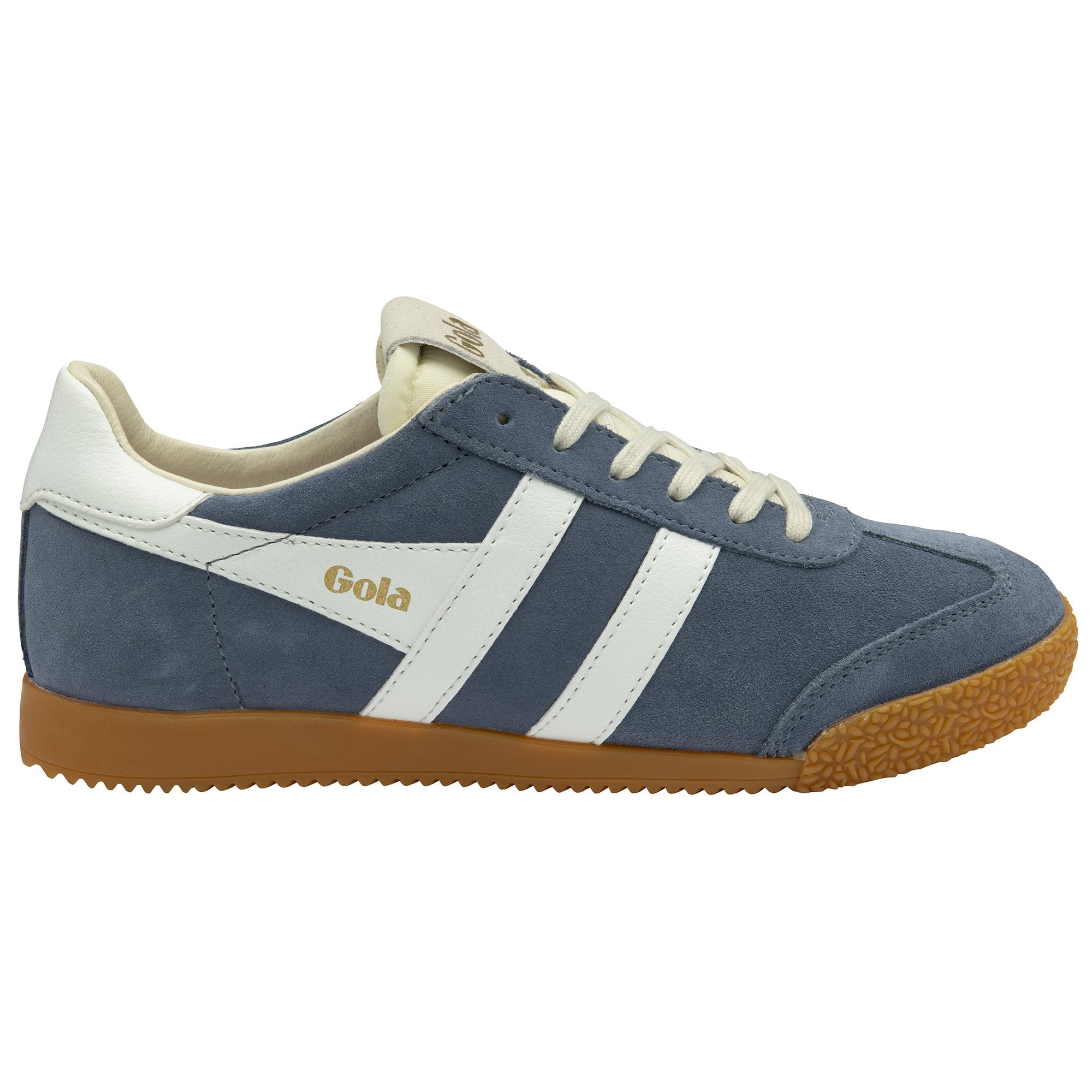 Side profile of a single Gola men's shoe in blue with white stripes and a gum sole.