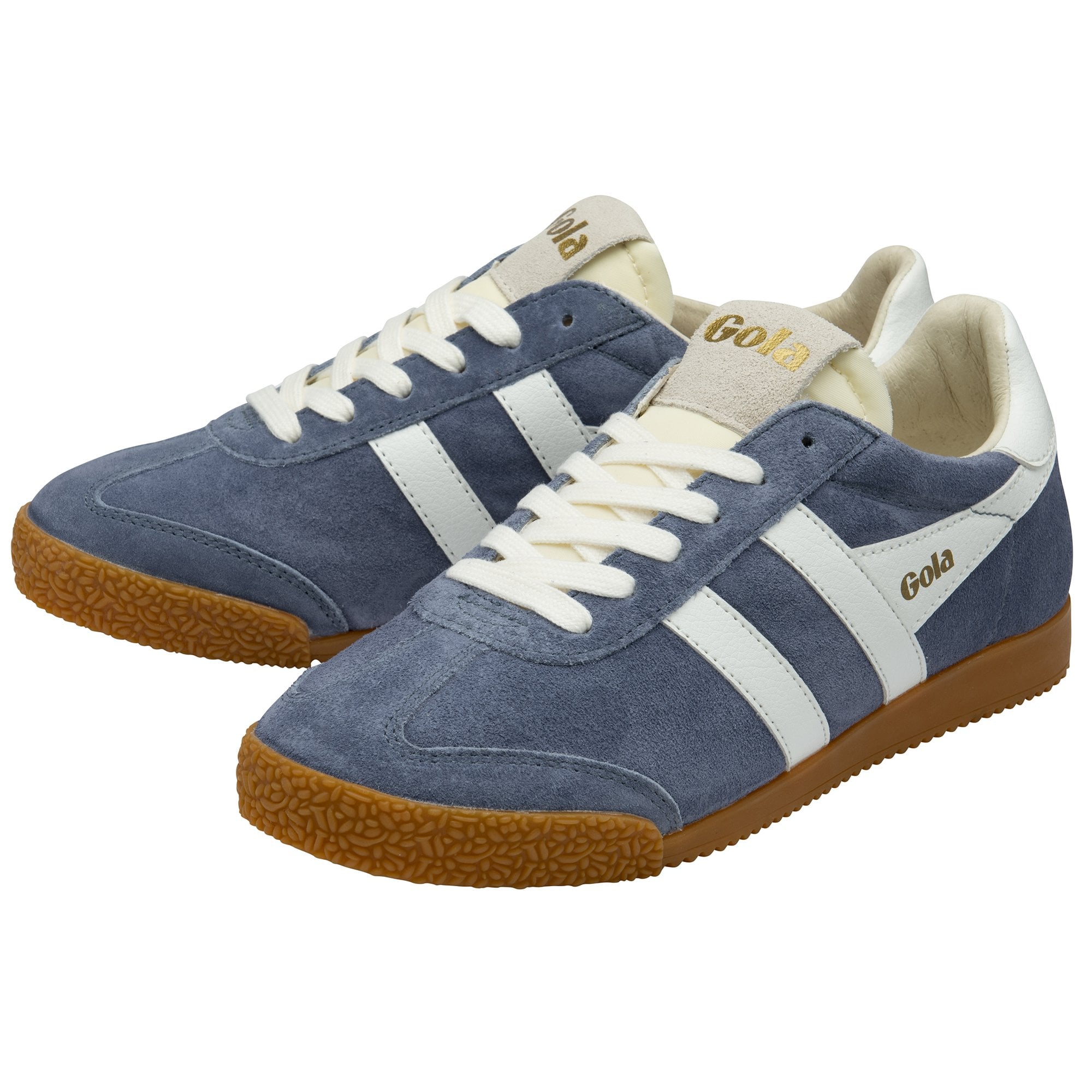 Pair of Gola men's shoes in blue with white stripes and gum soles, angled for display.
