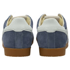 Rear view of a pair of Gola men's shoes in blue with white heel accents and gum soles.