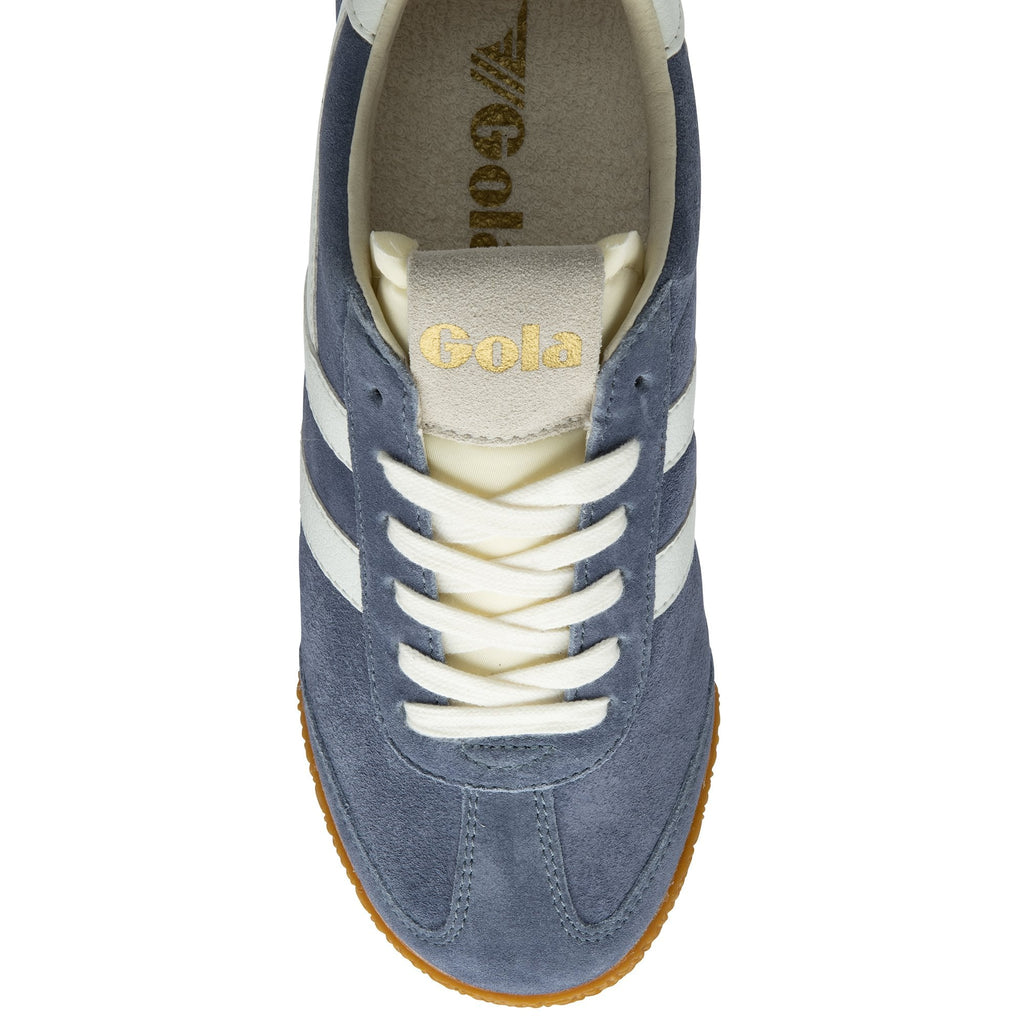 Top-down view of a single Gola men's shoe in blue with white stripes and cream laces.