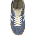 Top-down view of a single Gola men's shoe in blue with white stripes and cream laces.
