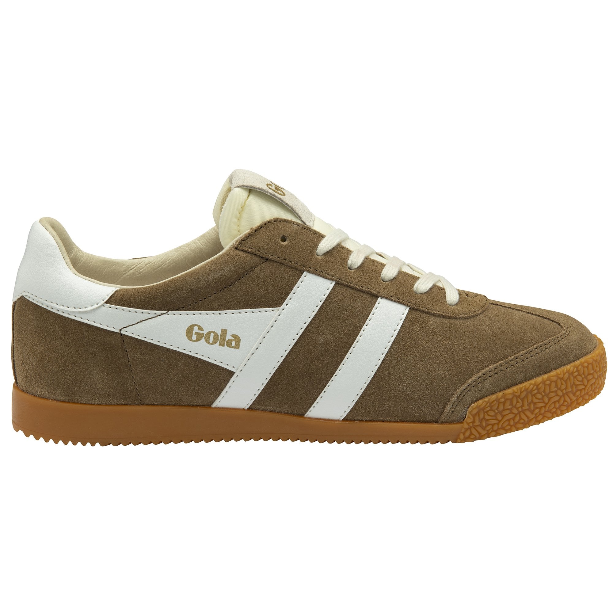 Side profile of a Gola men's sneaker in brown with white stripes and laces.