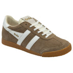 Angled view of a Gola men's sneaker in brown with white stripes and laces.