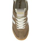 Top-down view of a Gola men's sneaker in brown with white stripes and laces.