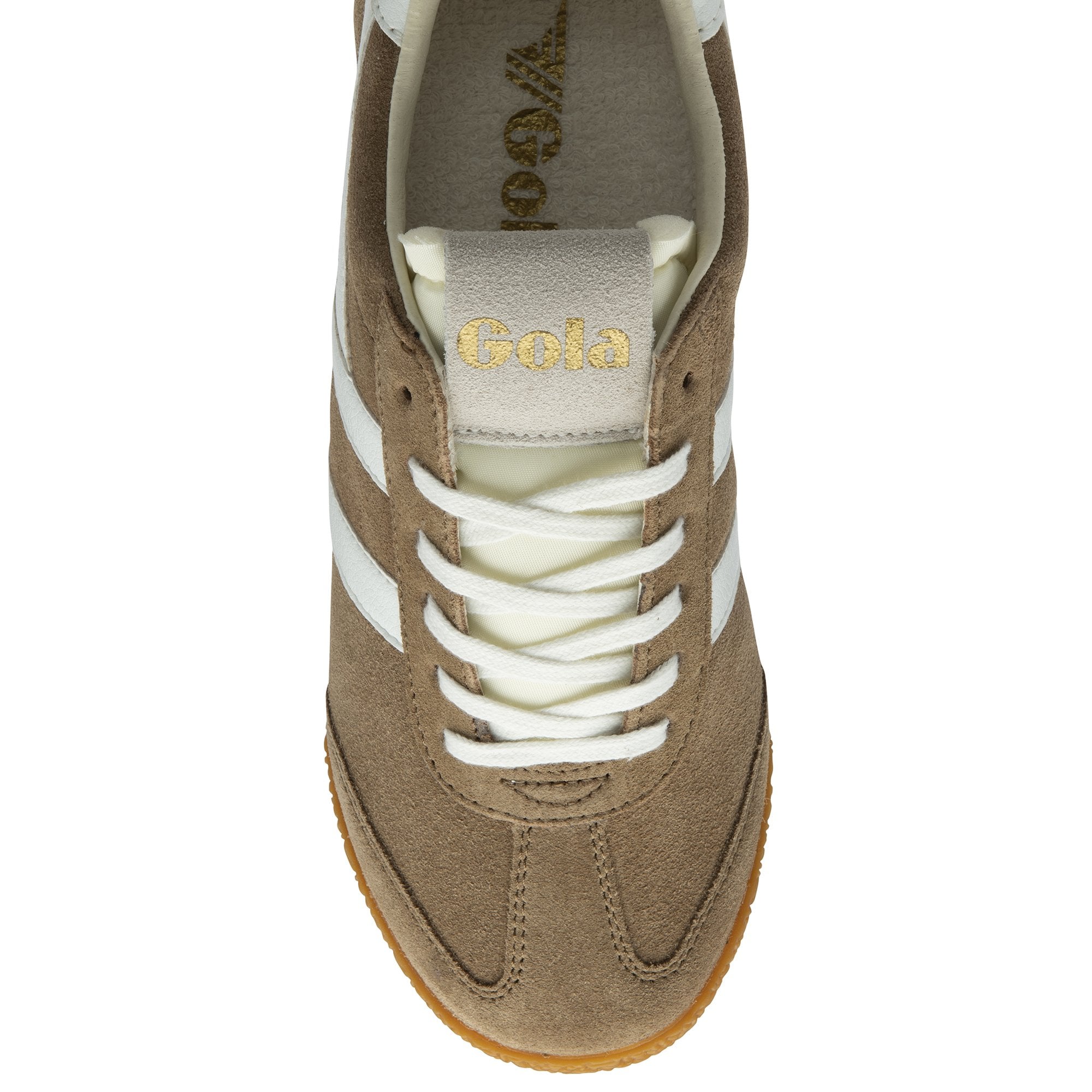 Top-down view of a Gola men's sneaker in brown with white stripes and laces.