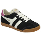 A black suede Gola trainer with white stripes and a brown gum sole, angled slightly.