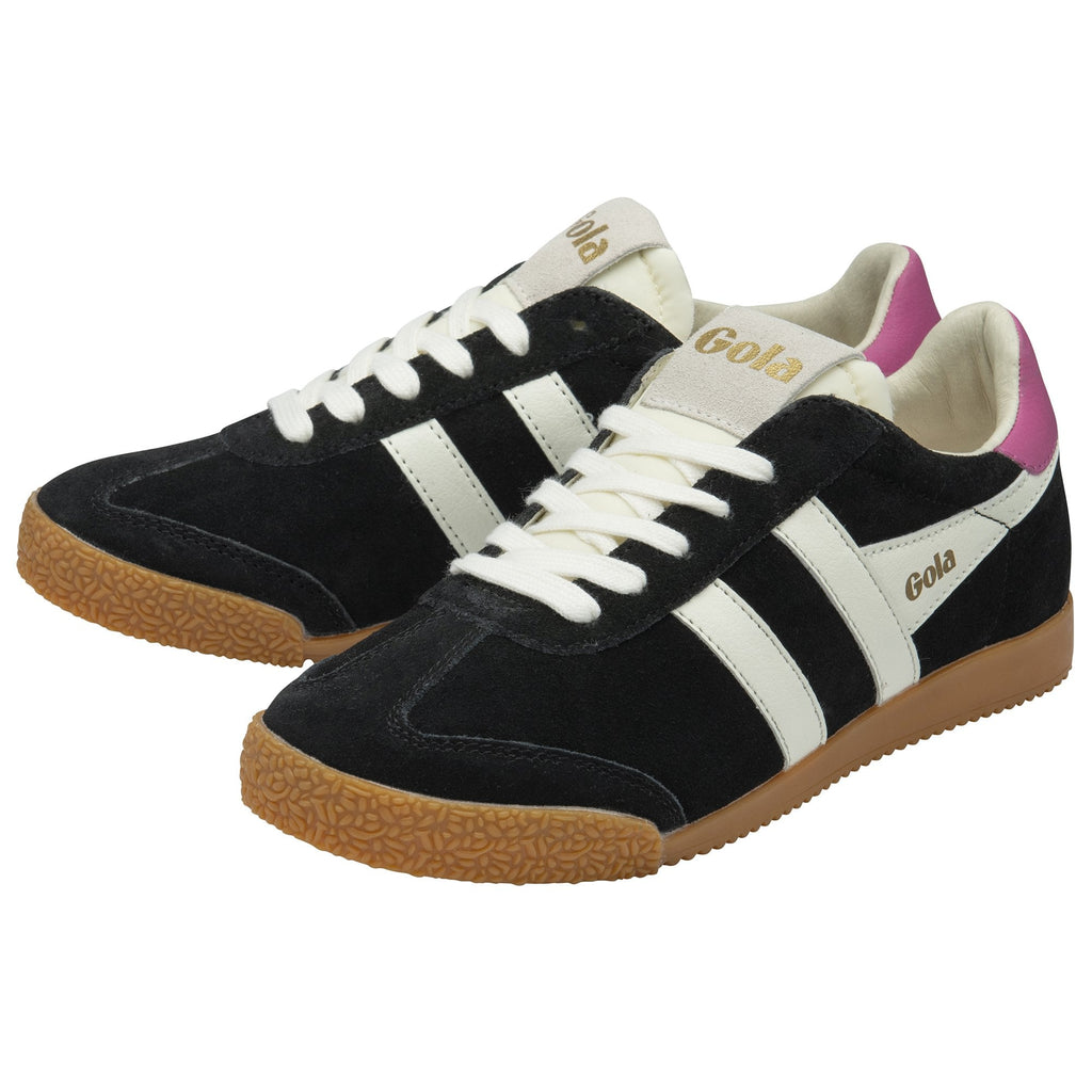 A pair of black suede Gola trainers with white stripes and brown gum soles, viewed from an angle.