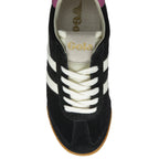 The top view of a black suede Gola trainer with white laces and stripes.