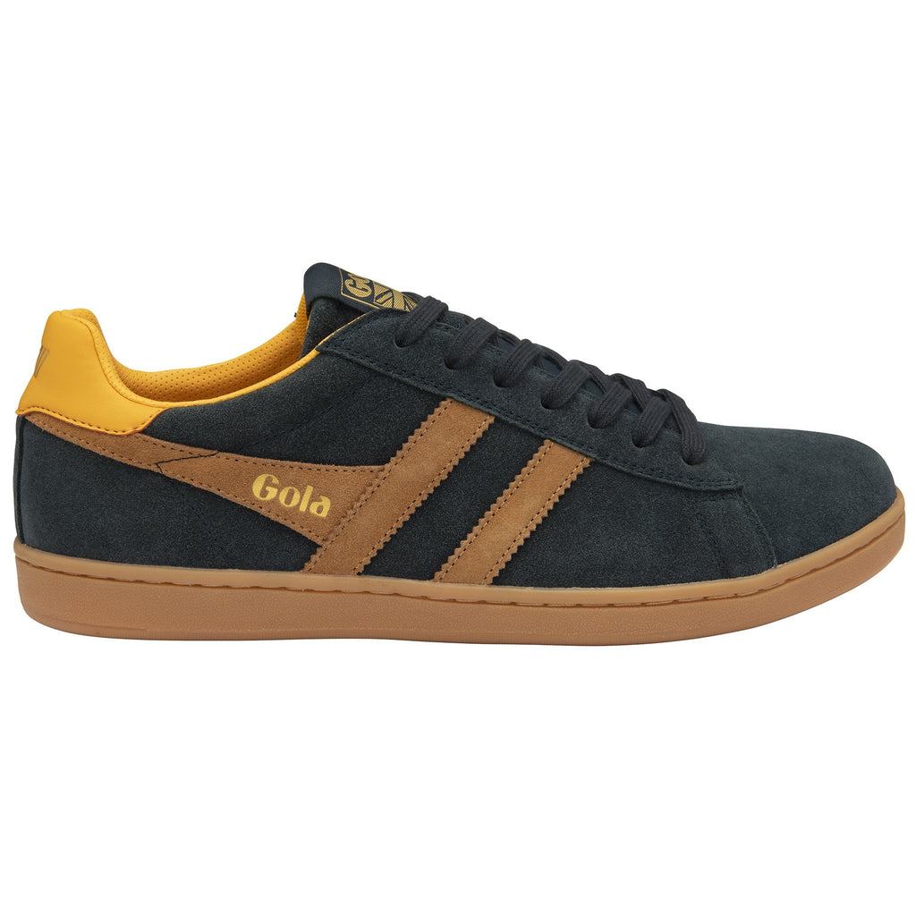 A single Gola men's sneaker in navy and tan from a side angle.