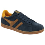 A single Gola men's sneaker in navy and tan from a diagonal angle.