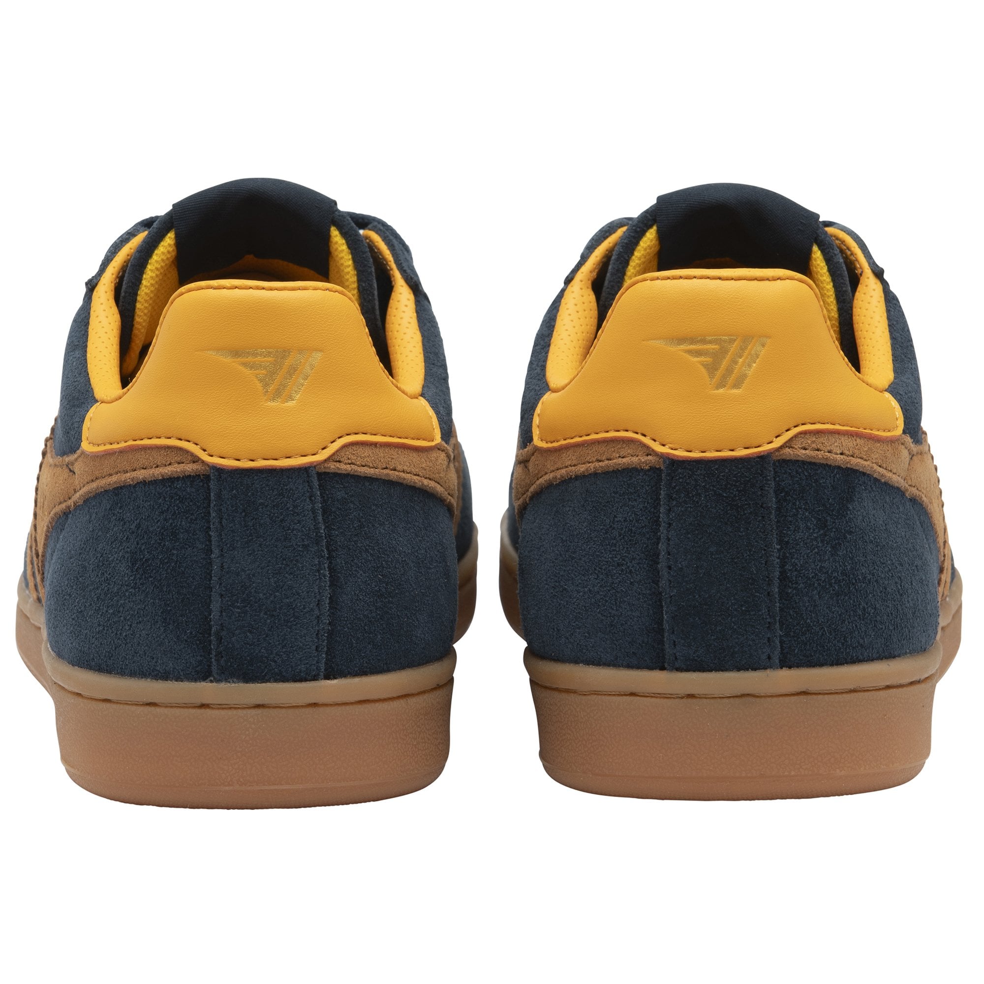 A pair of Gola men's sneakers in navy and tan from a back angle.