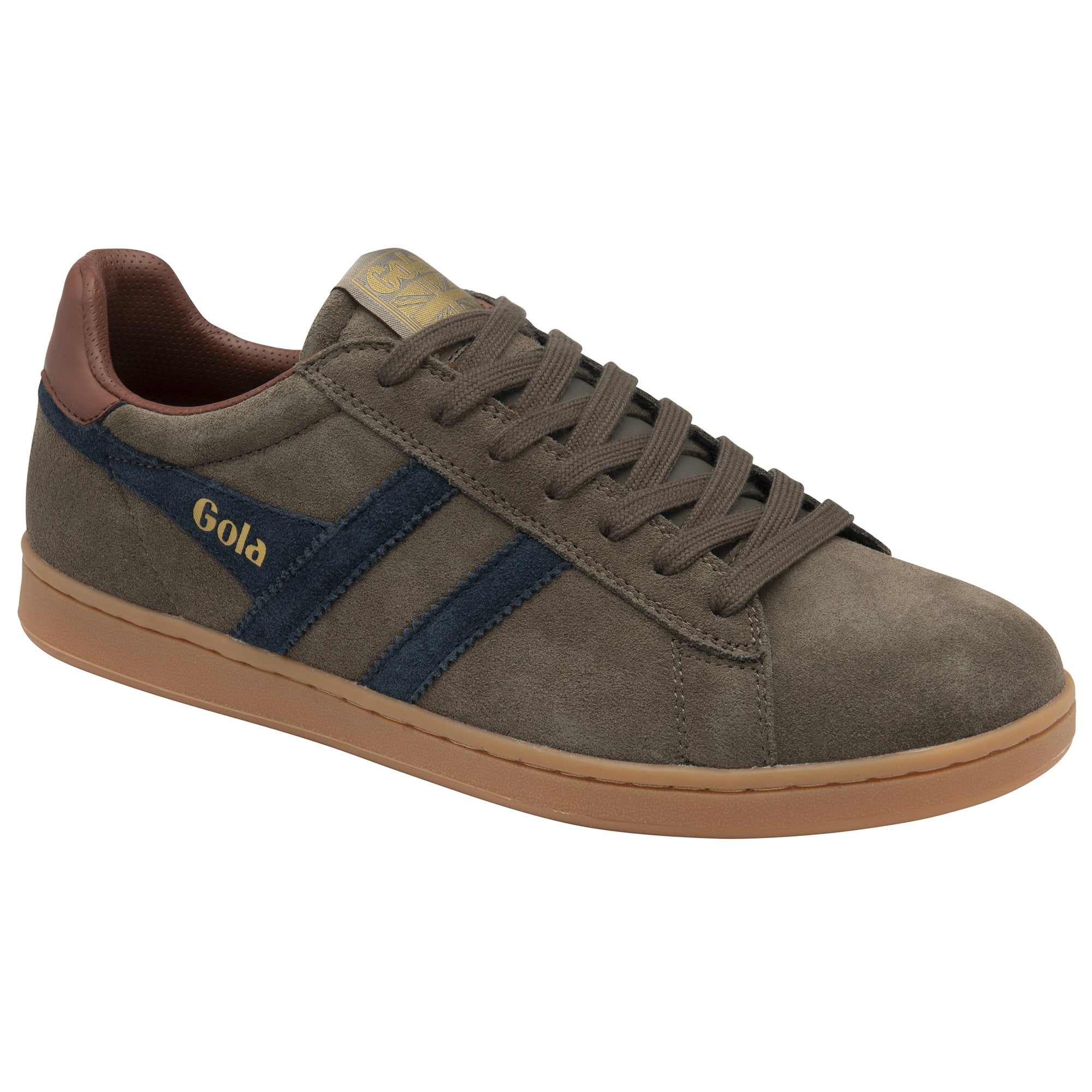 Side view of a men's Gola sneaker in olive green with blue stripes and a gum sole.