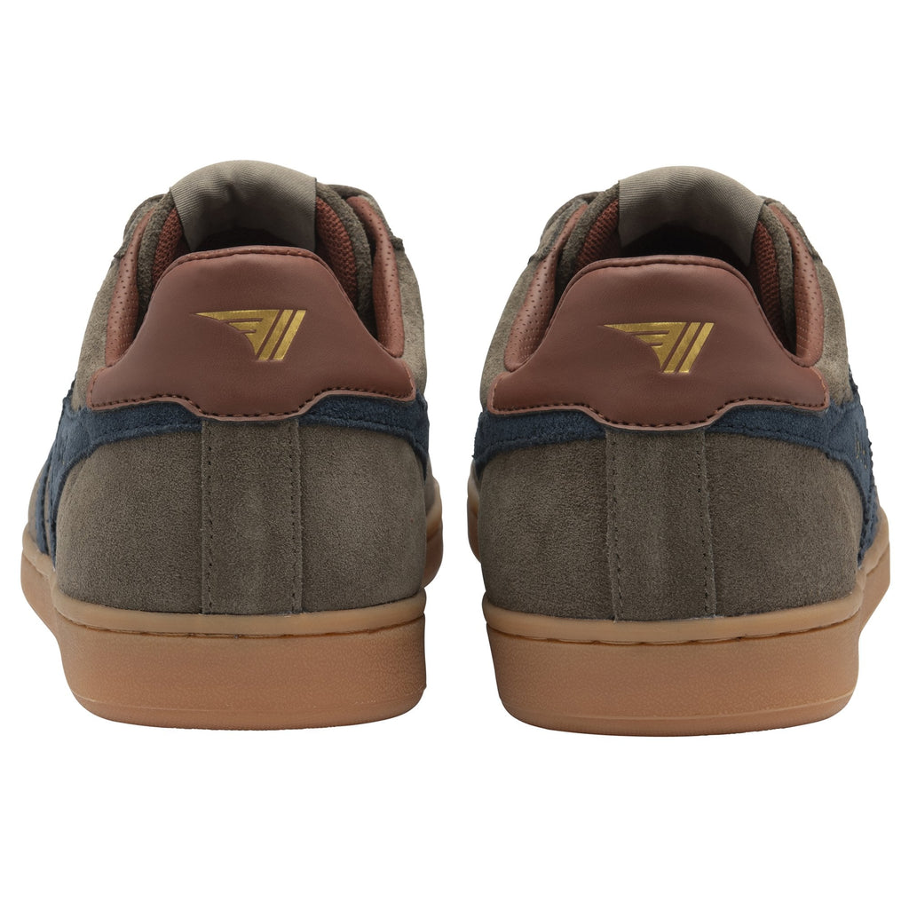 Rear view of two olive green Gola sneakers with blue and brown accents, gum soles.