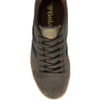 Top-down view of an olive green men's Gola sneaker with blue stripes and gum sole.