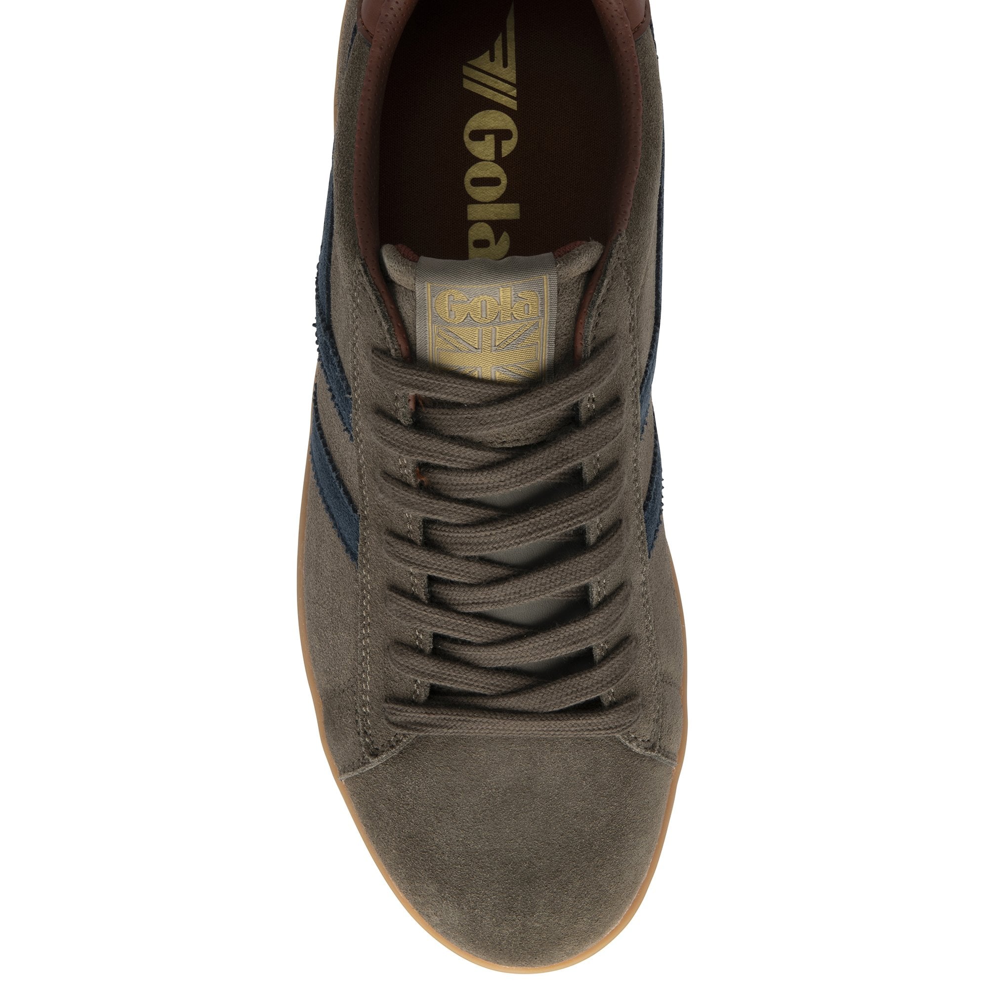 Top-down view of an olive green men's Gola sneaker with blue stripes and gum sole.