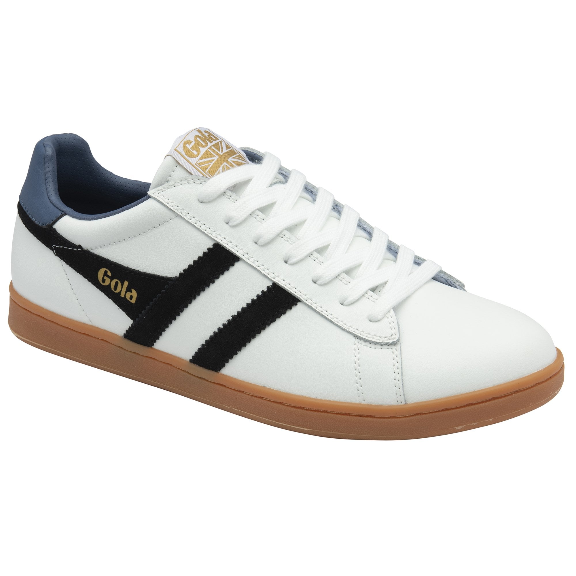 Side profile of a white sneaker with black Gola stripes and gum sole.