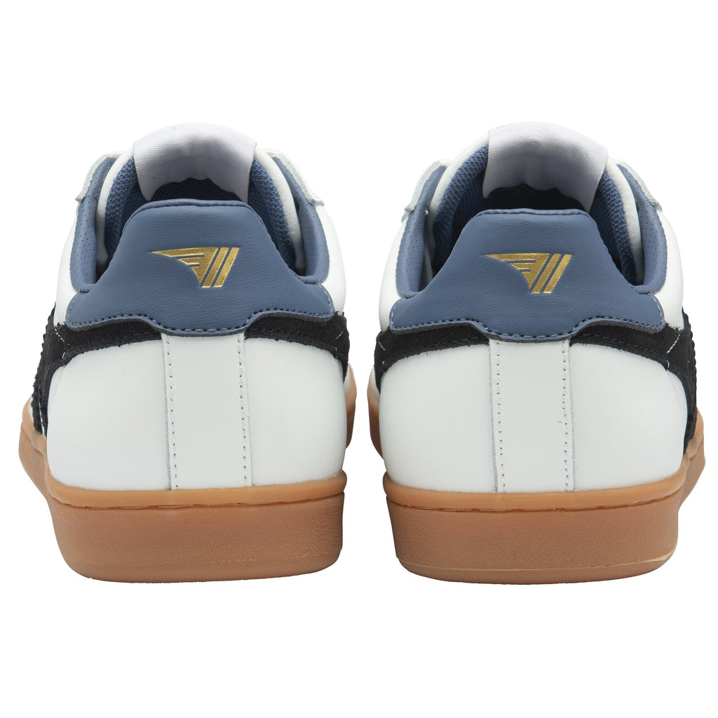 Rear view of two white sneakers showing blue heel detail and gum soles.