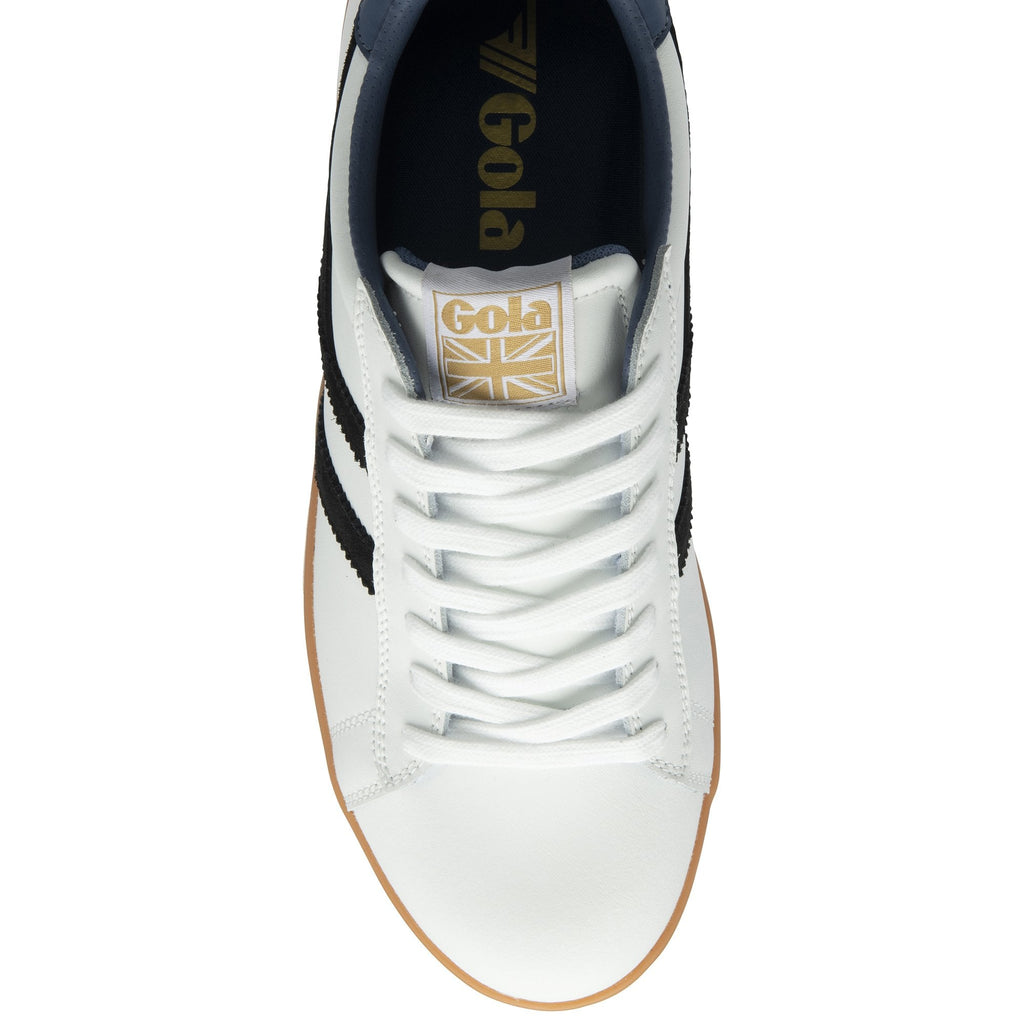 Top-down view of a white Gola sneaker with black stripes and a gum sole.