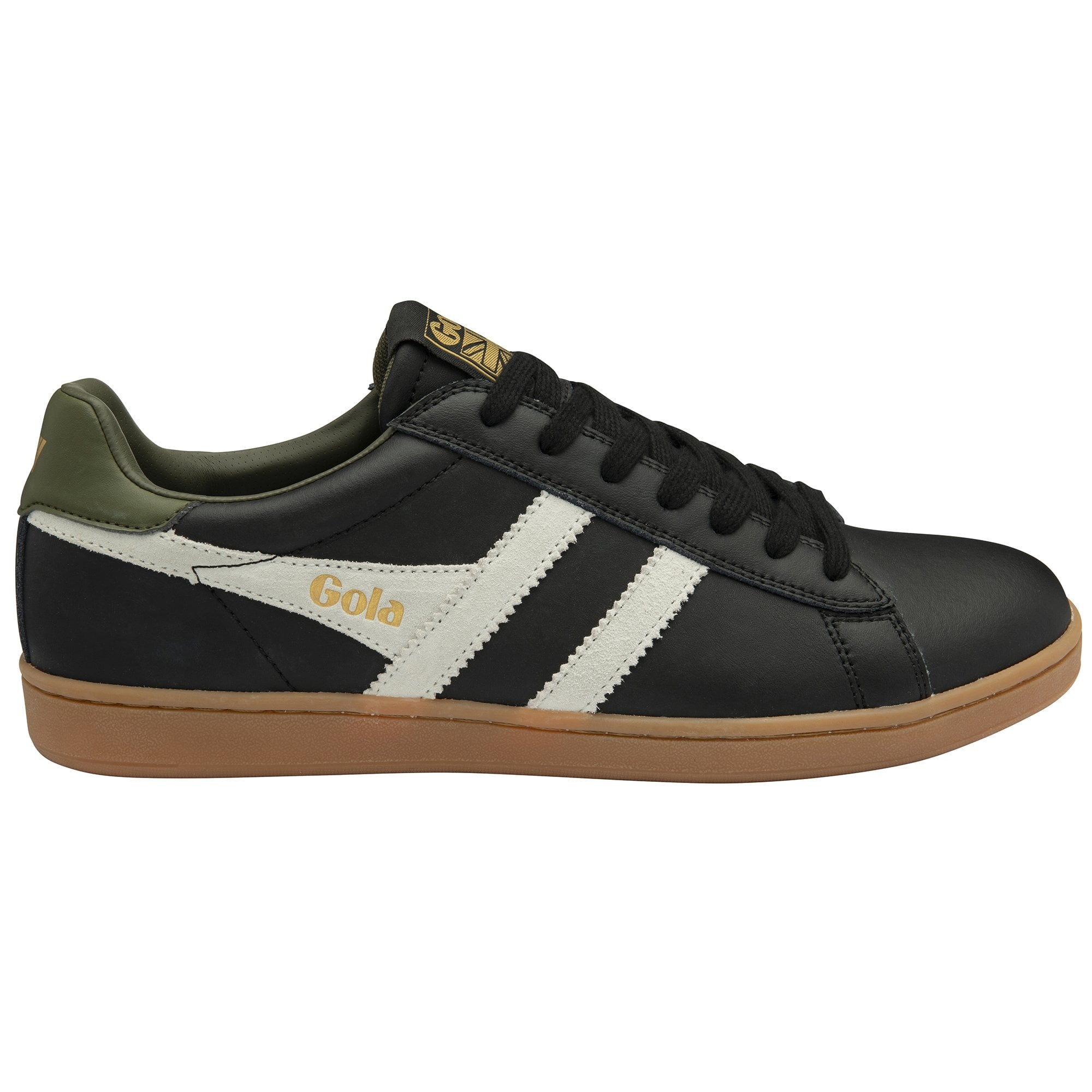 A single Gola low-top sneaker in black, white, and brown, shown from the left side.