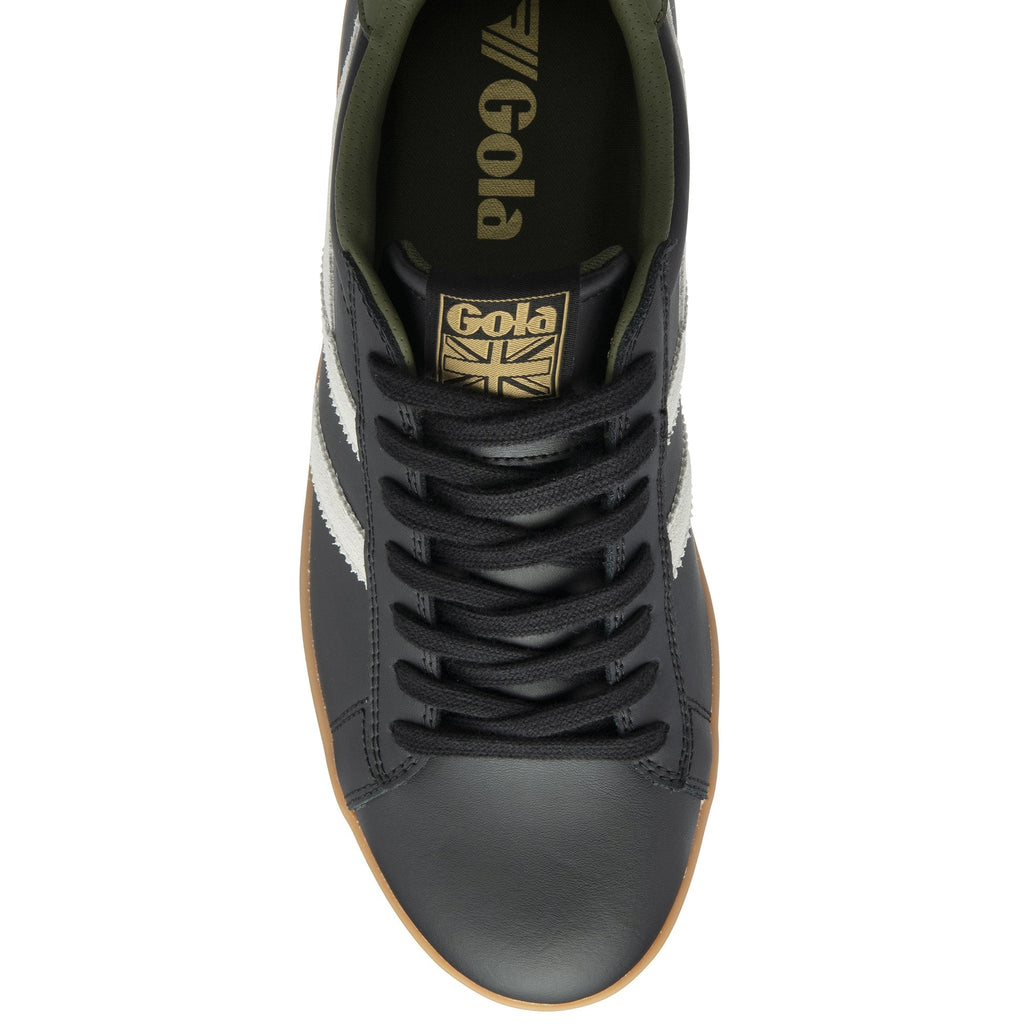 An overhead view of a black, white, and brown Gola low-top sneaker.