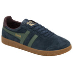 A casual Gola men's shoe in dark blue suede, with a gum sole and green side stripe detail.