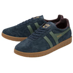 A pair of casual Gola men's shoes in dark blue suede, with a gum sole and green side stripe.