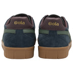 The backs of a pair of casual Gola men's shoes in dark blue suede.