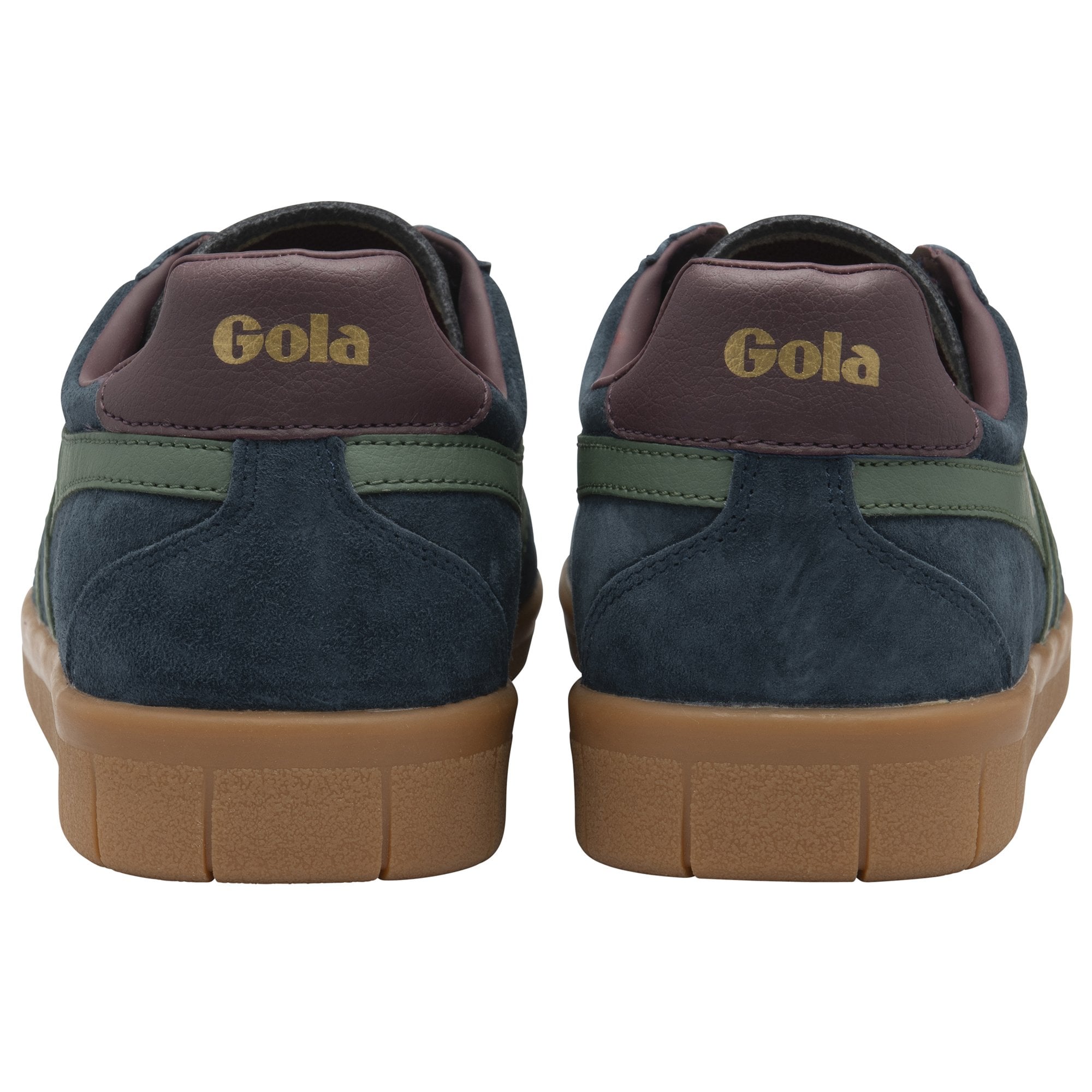 The backs of a pair of casual Gola men's shoes in dark blue suede.
