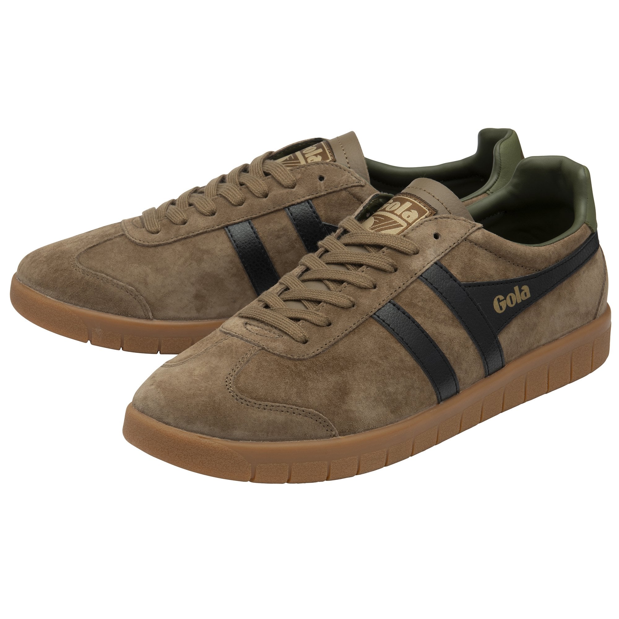 Pair of brown suede Gola sneakers with black stripes and gum soles, angled forward.