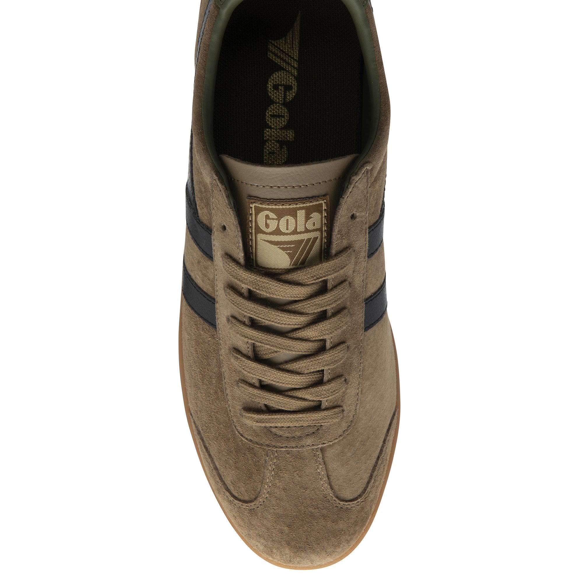 Top down view of a single brown suede Gola sneaker with black stripes and laces.
